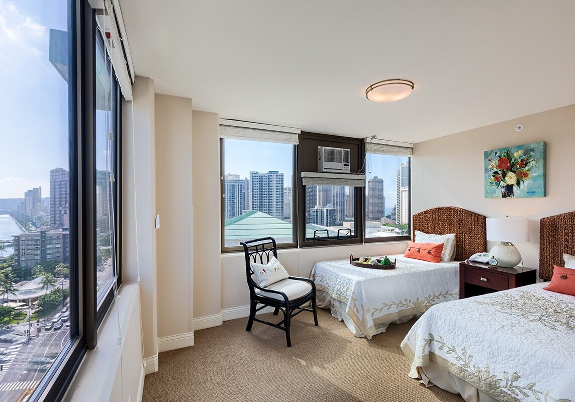 Interior photo of a bedroom with two beds